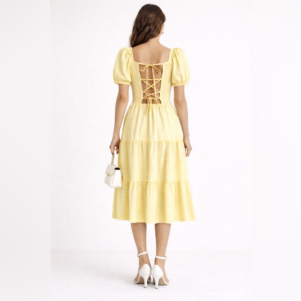 NWT Yellow Gingham Smocked Midi Dress Puff Sleeve Cottagecore Resort Vacation M - Picture 6 of 17